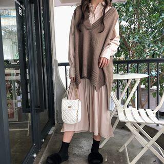 Midi A-line Collared Dress / V-neck Knit Vest
