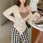 Camisole Top / Asymmetrical Light Knit Cardigan / Plaid Straight-cut Loose Pants