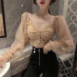 Balloon-sleeve Shirred Mesh Cropped Blouse