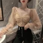 Balloon-sleeve Shirred Mesh Cropped Blouse