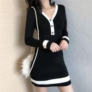 Long-sleeve Knit Bodycon Dress Black - One Size