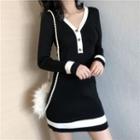 Long-sleeve Knit Bodycon Dress Black - One Size