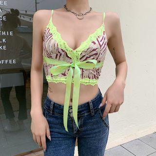 Lace Trim Print Bow Cropped Camisole Top