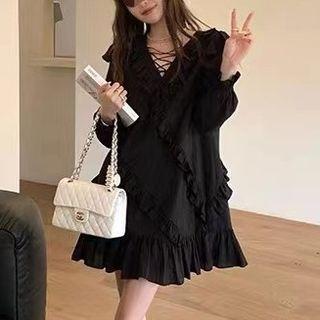 Long-sleeve Lace Up Ruffle Mini Smock Dress / Midi Dress