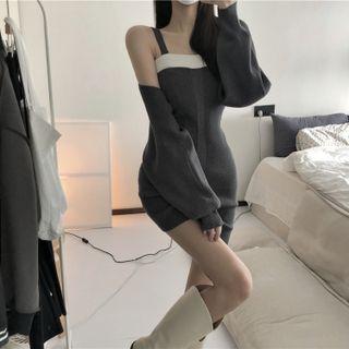 Plain Cardigan / Two Tone Skinny Mini Dress