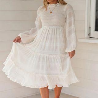 Balloon-sleeve Midi A-line Chiffon Dress
