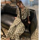 Elbow-sleeve Double Breasted Plaid Blazer / A-line Midi Skirt