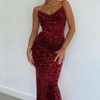 Spaghetti Strap Draped Zebra Print Maxi Mermaid Dress