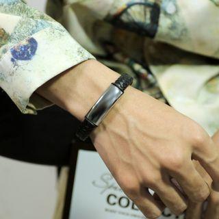 Alloy Bar Woven Leather Bracelet 1470 - Black - One Size