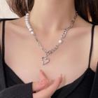 Heart Pendant Faux Pearl Alloy Necklace 01 - 1 Pc - Silver - One Size