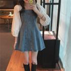 3/4-sleeve Denim Panel Mini A-line Dress