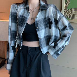 Long-sleeve Cross Detail Plaid Shirt Plaid - Black & White - One Size