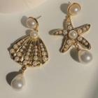 Non-matching Faux Pearl Starfish & Shell Dangle Earring 1 Pair - Earring - Asymmetric - One Size