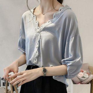 Elbow-sleeve Crochet Lace Trim Chiffon Blouse