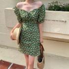 Short-sleeve Square-neck Floral Printed Chiffon Mini Dress