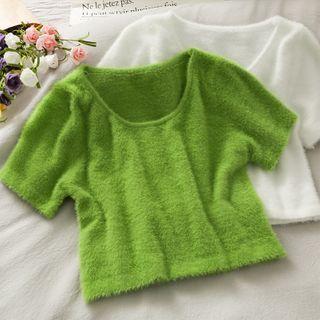 Short-sleeve Furry-knit Crop Top