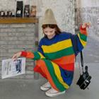 Color Block Long-sleeve Knit Dress Rainbow - One Size
