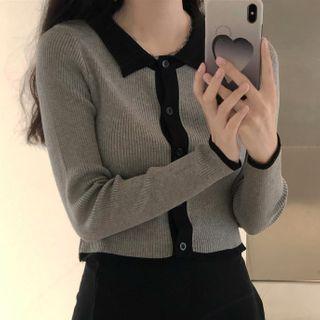 Contrast Trim Collared Cardigan Gray - One Size
