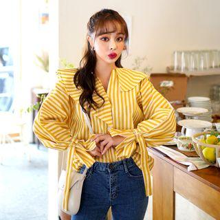 Belted-sleeve Ruffle-trim Top