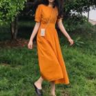 Short-sleeve Plain Midi A-line Dress Tangerine - One Size
