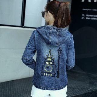 Hooded Long-sleeve Embroidered Printed Zip Denim Jacket