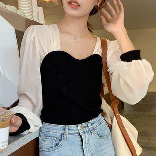 Lantern-sleeve Two-tone Knit Panel Blouse