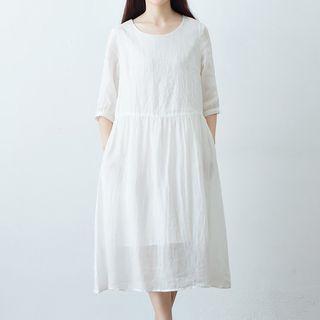 3/4-sleeve A-line Embroidered Midi Dress