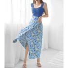Set: Shirred Camisole Top + Floral Print Wrap Skirt Blue - One Size