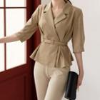 Notch-collar Wrap Peplum Blouse With Belt