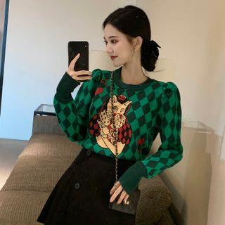 Cat Print Argyle Sweater