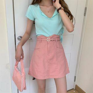 Short-sleeve Checked Polo Shirt / Short-sleeve Tie-front Top / Denim A-line Mini Skirt