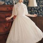 Bell-sleeve Frog-button Midi A-line Dress