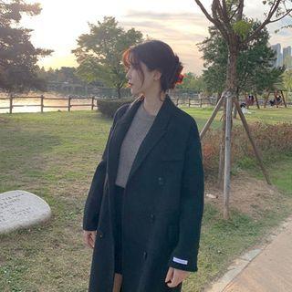 Peaked-lapel Double-breasted Wool Blend Coat Black - One Size
