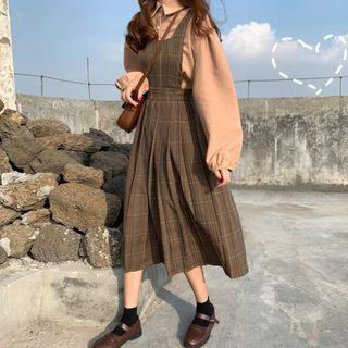 Bishop-sleeve Blouse / Sleeveless Plaid Dress