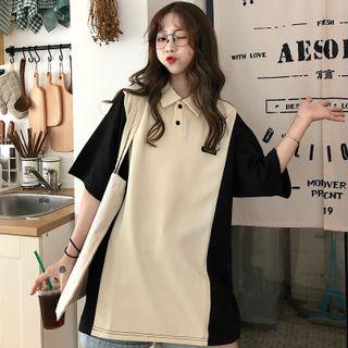 Elbow-sleeve Two Tone Polo Shirt