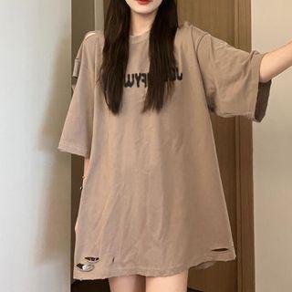 Short-sleeve Letter Print Distressed Oversized T-shirt