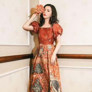 Printed Puff-sleeve Maxi A-line Dress