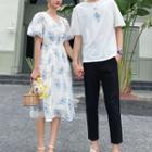 Couple Matching Short-sleeve T-shirt / Floral Midi A-line Dress / Plain Pants
