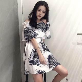 Off-shoulder Spaghetti-strap Elbow-sleeve A-line Dress