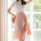 Set: Short-sleeve Lace T-shirt + Ruffle Asymmetrical A-line Skirt