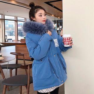 Furry-trim Applique Hooded Padded Jacket