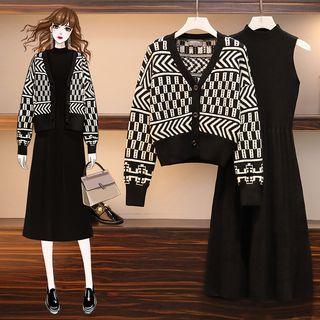 Set: Patterned Cardigan + Mock-neck Sleeveless A-line Knit Dress