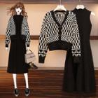 Set: Patterned Cardigan + Mock-neck Sleeveless A-line Knit Dress