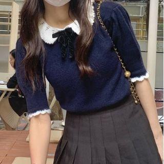 Short Sleeve Lace Collar Panel Plain Velvet Bow Accent Knit Top Navy - One Size