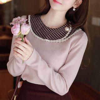 Laced Contrast-collar Faux-pearl Detail Top