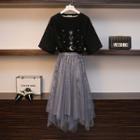 Set: Short-sleeve Star Embroidered T-shirt + Sequined Midi Mesh Skirt