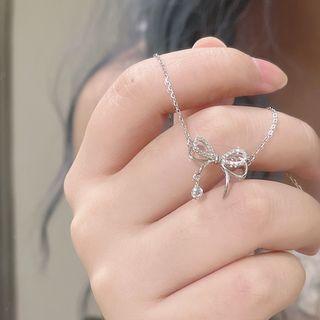 Bow Rhinestone Pendant Sterling Silver Necklace 1pc - Silver - One Size