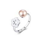 925 Sterling Silver Simple Elegant Flower Pink Freshwater Pearl Adjustable Open Ring Silver - One Size