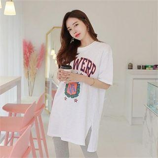 Short-sleeve Slit-side Lettering Long T-shirt
