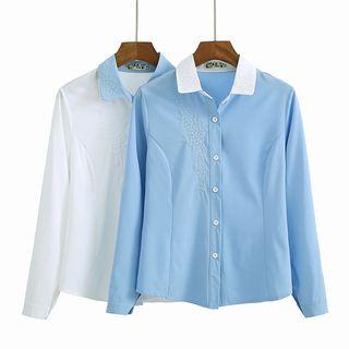 Long-sleeve Contrast-trim Embroidered Shirt